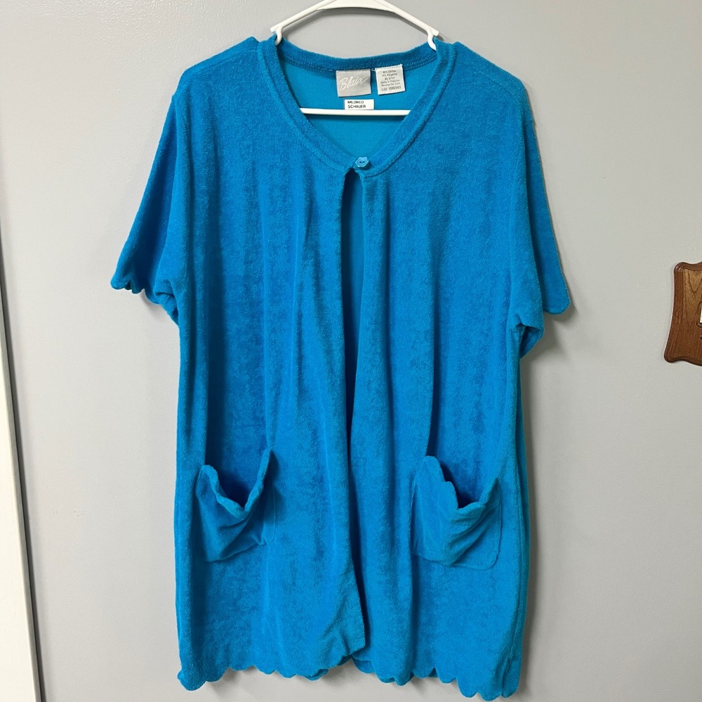 Blair Blue Terry Cloth Robe House Coat Scalloped Hem‎ Short Sleeve Large